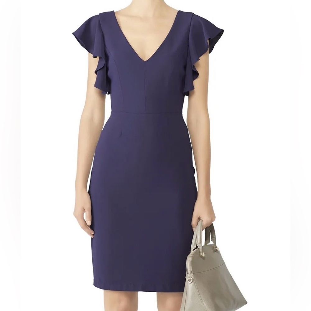 Amanda Uprichard Imperial Farrah Navy V-Neck Ruffle Sleeve Sheath Dress-S